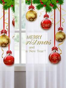 1pc Christmas Decorative Sheer Curtain, Christmas Balloon Snowflake Christmas Tree Christmas Ball Christmas Print Curtain Sheer, Rod Pocket Printed Curtain Window Decor For Bedroom, Office, Kitchen, Living Room, Home Decor, Christmas Holiday, Translucent Red Christmas Ball Print - Multicolor - View 3
