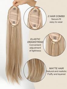 26 英寸合成长直马尾辫抽绳马尾接发夹，女士耐热假发 - 亞麻金 - 查看 5