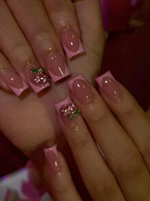 Upgrade Your Look With 24pcs Medium Square Pink French Tip And 3D Cherry Decor Design Press On Nails Full Cover False Nails For Women And Girls Nail Supplies - Pink - View 1