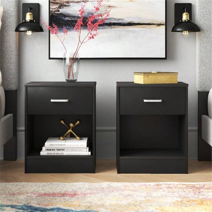 2pcs NightStands with Drawer Black - Black - View 1