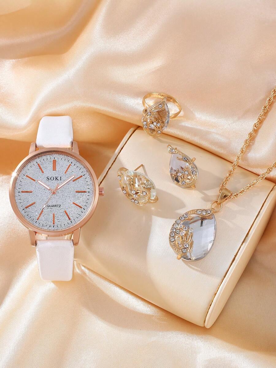 SOKI SOKI 1 套女士手表时尚休闲优雅数字表盘石英表和水晶套装水滴孔雀吊坠项链、耳环、戒指套装非常适合日常佩戴、生日礼物、派对、节日聚会，也是送给自己或朋友的理想礼物 - 白色 - 查看 1