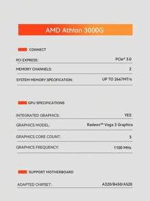 AMD Athlon 3000G 3.5GHz 基本时钟 2 核 4 线程台式机处理器 CPU，AM4 插槽，集成显卡，适用于办公和娱乐 PC，无散热器风扇， - 銀色 - 查看 5