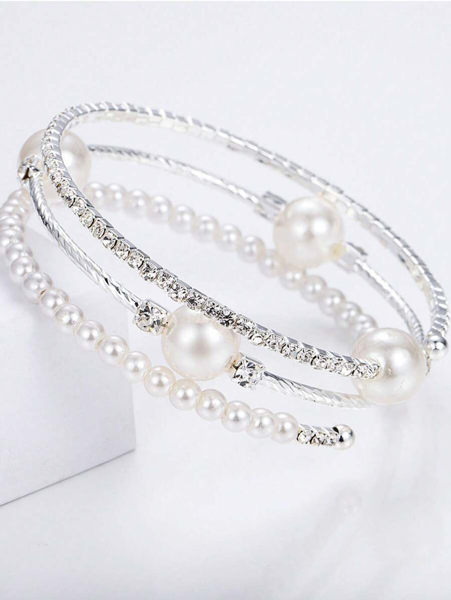 1pc Silver Water Drop Rhinestone & Faux Pearl Decor Bracelet, Suitable For Wedding, Party, And Daily Wear Elegant