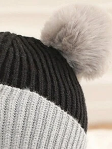 2入組新生嬰兒和幼兒厚針織帽子和圍巾帶絨球，冬季多種顏色 - 黑色 - 查看 5