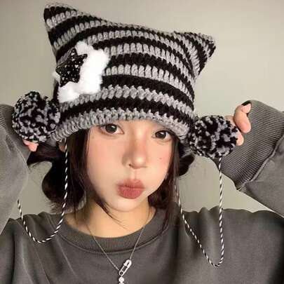 1pc Black & White Striped Y2k Style Women's Cat Ear Knit Beanie Cute Winter Fall