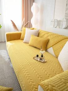 1pc Thick Plush Sofa Cushion Cover, Warm And Comfortable Simple Modern Dutch Velvet Sofa Cover For Autumn And Winter Home Decoration - Yellow - View 3