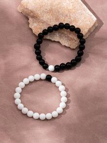 1對情侶手鍊,姐妹款時尚簡約優雅風格,裝飾黑白色石珠手鍊套裝 - 黑與白 - 查看 2
