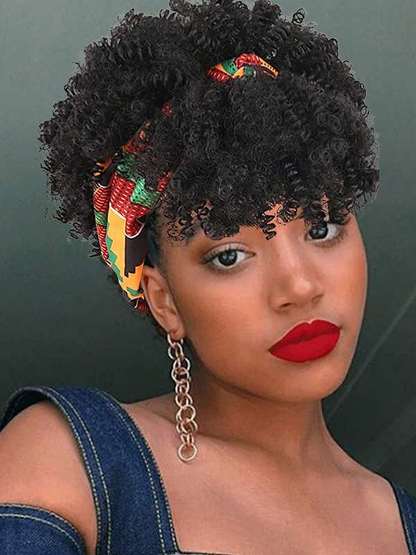 Short Kinky Curly Wig Headband Wigs for Women,Wrap wig 2 in 1 Ombre Burgundy Wig With Bangs Synthetic Headwrap Wig with Scarf Turban Drawstring Ponytail Afro Puff Updo Wig