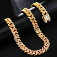 Cadenas Cubanas Diamantada Hombre Gargantillas Oro Zirconia - Dorado - Ver 5