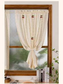 1 Miếng Dễ thương Phong cách Vintage Hoa Mô hình Ngắn Cửa sổ Rèm Với Quả cherry Và Pom Pom Ren Cạnh , Thích hợp Đối với Đồ trang trí ( Không có Và pole ) - Màu be - Xem 6