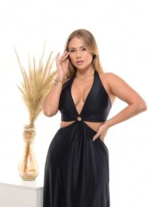 Vestido Longo Feminino em Microfibra com Argola no Busto