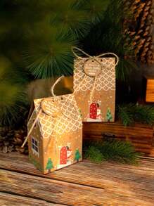 Christmas Party Favor Candy & Gift Box, Foldable Cake & Cookie Box, 12pcs/Pack With Ribbon & Card Wedding Party Gift Bags - Multicolor - View 3