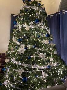 1roll Christmas Star Ribbon With Transparent Glitter Thread - Christmas Decorations, Red,Durable Polyester, Perfect For Gift Wrapping, Party Decorations, And Seasonal Celebrations, Halloween Decorations - Blue - View 4