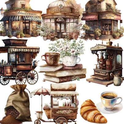 復古咖啡店主題貼紙套裝,用於裝飾 Diy 筆記本、相簿、照片、手工材料、剪貼簿等。