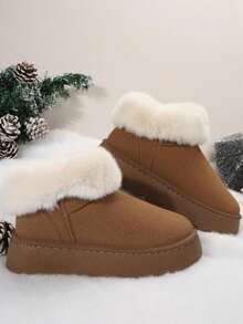 女式毛绒领纯色厚底简约风格长款保暖内衬保暖棕色雪地靴 - 棕色 - 查看 4