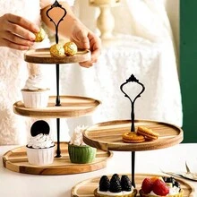 1套鄉村風格的木製三層托盤,圓形農家廚房桌面裝飾托盤,食品水果蛋糕展示咖啡吧家庭派對季節性裝飾 - 3 tier - 查看 7