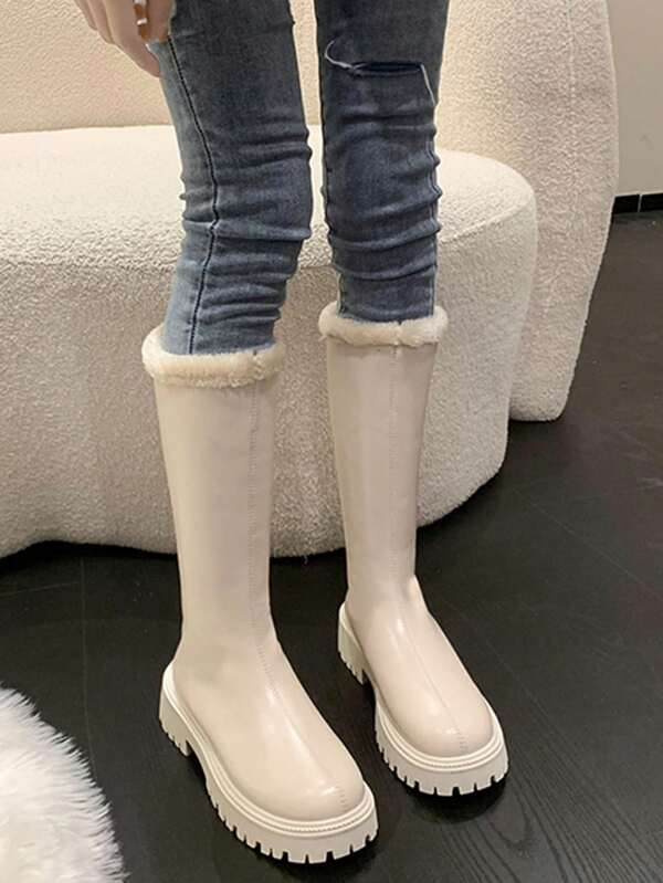 2023 New Winter Collection Thick High-heel Knee-high Boots For Petite Women, Warm & Furry, Great Fit For Thick Legs. The Sole Is Colored Creamy Beige With Slight Speckles