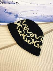 1pc Men's Handmade Knitted Jacquard Patterned Knitted Beanie Hat, Winter Warmth Bucket Hat, Suitable For Couples, Japanese And Korean Bucket Hat, Fashionable And Versatile Outdoor Bucket Hat Street - Black - View 5