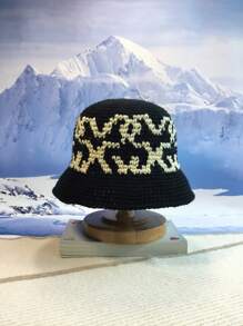 1pc Men's Handmade Knitted Jacquard Patterned Knitted Beanie Hat, Winter Warmth Bucket Hat, Suitable For Couples, Japanese And Korean Bucket Hat, Fashionable And Versatile Outdoor Bucket Hat Street - Black - View 3