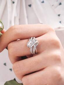 AIHUASI 1 件奢华独特设计 925 纯银女士订婚戒指，扭曲漩涡明亮圆形切割耀眼 AAAAA 方晶锆石婚礼精美珠宝礼物 - 銀色 - 查看 9