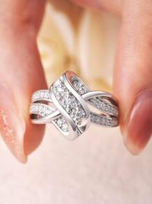 AIHUASI 1 件奢华独特设计 925 纯银女士订婚戒指，扭曲漩涡明亮圆形切割耀眼 AAAAA 方晶锆石婚礼精美珠宝礼物 - 銀色 - 查看 5