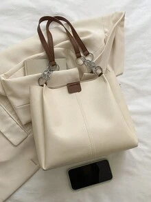 女士大容量手提包，2024年新款休闲单肩包，大学通勤手提包，购物袋 - 米色 - 查看 6