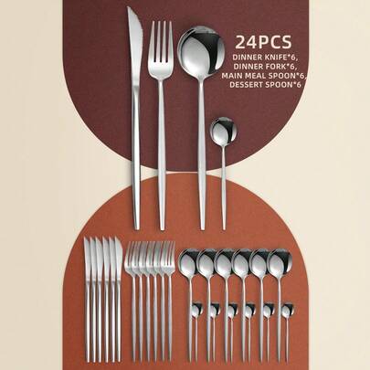 24 قطعة طقم أدوات مائدة من الفولاذ المقاوم للصدأ، يشمل شوك وملاعق وملاعق شاي