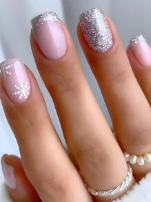 提升您的優雅 - 24 件短方形聖誕主題粉紅色和銀色閃光法式雪花精緻簡約美甲套裝,帶可拆卸假指甲貼,非常適合節日、派對、約會和日常穿著 - 粉色 - 查看 1