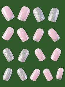提升您的優雅 - 24 件短方形聖誕主題粉紅色和銀色閃光法式雪花精緻簡約美甲套裝,帶可拆卸假指甲貼,非常適合節日、派對、約會和日常穿著 - 粉色 - 查看 3