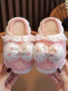 女士溫暖毛絨拖鞋,可愛蝴蝶結,冬季室內鞋履 - 粉色 - 查看 2