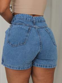 Women Denim Shorts - 中等水洗藍 - 查看 2