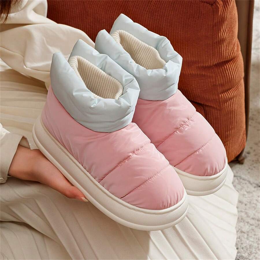 女式冬季粉色厚底毛絨雪地靴適合室內外 - 粉色 - 查看 1