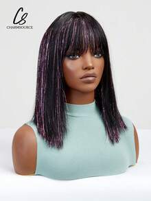 黑粉混色16英寸波浪帶劉海合成纖維蘿莉塔假髮,適用於日常派對cosplay萬聖節聖誕節穿著 - 間色 - 查看 5