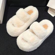 女士柔軟毛茸固色肩帶室內拖鞋,具有厚實防水底座,帶有兩個肩帶,適用於臥室拖鞋 - 米色 - 查看 4