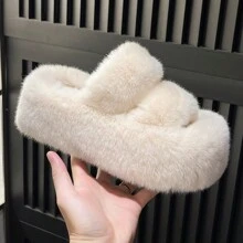 女士柔軟毛茸固色肩帶室內拖鞋,具有厚實防水底座,帶有兩個肩帶,適用於臥室拖鞋 - 米色 - 查看 5
