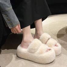 女士柔軟毛茸固色肩帶室內拖鞋,具有厚實防水底座,帶有兩個肩帶,適用於臥室拖鞋 - 米色 - 查看 3