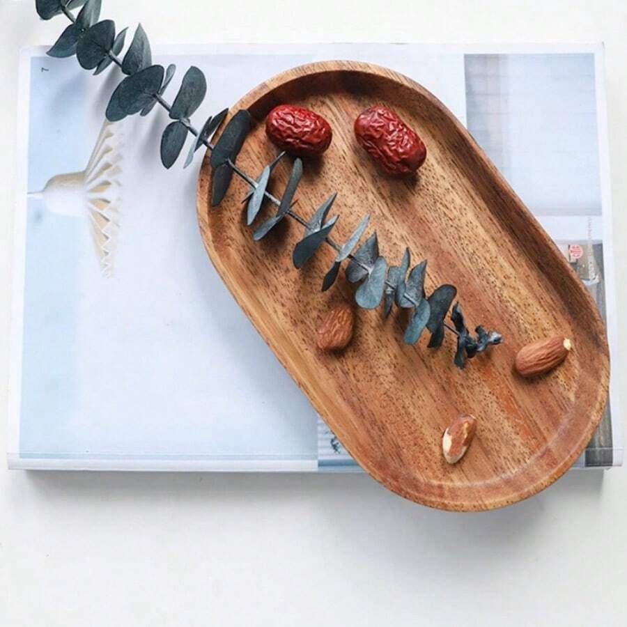 家用橢圓形木製托盤(19cm X 10.8cm),適合盛裝小吃、水果、甜點、茶杯、咖啡杯等,並能當作時尚的桌面裝飾 - 棕色 - 查看 1