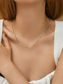 1入組925 銀極簡風格中性雙層方形蛇鏈條樣式項鍊,合適的適用於日常穿著 - 銀色 - 查看 4