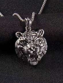 1個復古3d虎頭形裝飾項鍊,男女情侶日常佩戴皆宜 - 復古銀色 - 查看 1