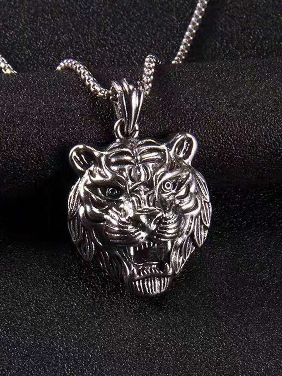 1個復古3d虎頭形裝飾項鍊,男女情侶日常佩戴皆宜 - 復古銀色 - 查看 1