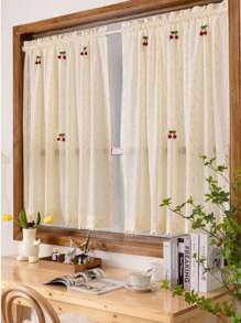 1 Miếng Dễ thương Phong cách Vintage Hoa Mô hình Ngắn Cửa sổ Rèm Với Quả cherry Và Pom Pom Ren Cạnh , Thích hợp Đối với Đồ trang trí ( Không có Và pole ) - Màu be - Xem 4