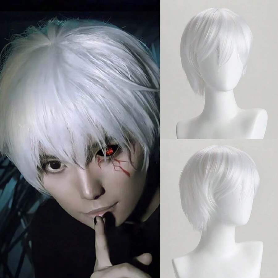 White 10 Inch Short Straight Hair Male Cosplay Synthetic Fiber Wig With Side Bangs And Fashionable Style For Role-Playing - trắng - Xem 1