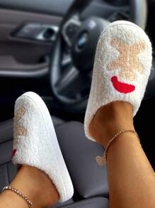 Women's Gingerbread Man Pattern Flat Indoor Slippers, Christmas Home Slippers For Winter - White - View 3