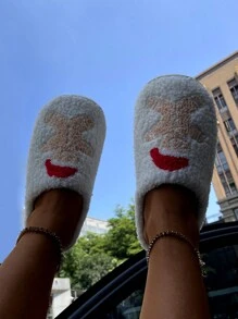 Women's Gingerbread Man Pattern Flat Indoor Slippers, Christmas Home Slippers For Winter - White - View 4