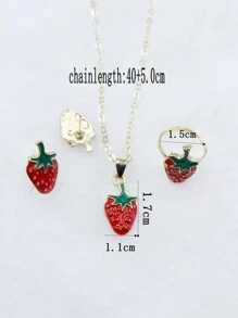 4 件裝紅色和油滴水果形狀草莓吊墜項鍊、戒指、耳環套裝,完美的節日禮物