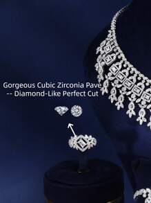 4 Cái/bộ Dự Tiệc Sang Trọng Rhodium 3A Cubic Zirconia Trang Trí Cô Dâu Cho Nữ Dự Tiệc Vòng Cổ Vòng Tay Earringa Nhẫn Cưới Bộ Trang Sức - giọt kim cương vuông - Xem 4