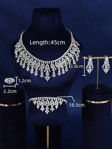 4 Cái/bộ Dự Tiệc Sang Trọng Rhodium 3A Cubic Zirconia Trang Trí Cô Dâu Cho Nữ Dự Tiệc Vòng Cổ Vòng Tay Earringa Nhẫn Cưới Bộ Trang Sức - giọt kim cương vuông - Xem 2