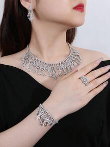 4 Cái/bộ Dự Tiệc Sang Trọng Rhodium 3A Cubic Zirconia Trang Trí Cô Dâu Cho Nữ Dự Tiệc Vòng Cổ Vòng Tay Earringa Nhẫn Cưới Bộ Trang Sức - giọt kim cương vuông - Xem 6