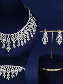 4 Cái/bộ Dự Tiệc Sang Trọng Rhodium 3A Cubic Zirconia Trang Trí Cô Dâu Cho Nữ Dự Tiệc Vòng Cổ Vòng Tay Earringa Nhẫn Cưới Bộ Trang Sức - giọt kim cương vuông - Xem 5