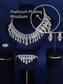4 Cái/bộ Dự Tiệc Sang Trọng Rhodium 3A Cubic Zirconia Trang Trí Cô Dâu Cho Nữ Dự Tiệc Vòng Cổ Vòng Tay Earringa Nhẫn Cưới Bộ Trang Sức - giọt kim cương vuông - Xem 3